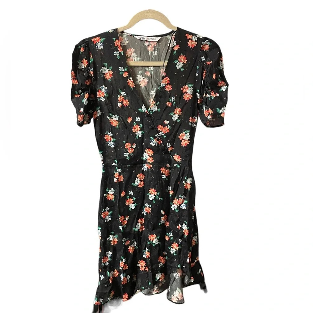 ZARA NAVY BLUE FLORAL ASYMMETRICAL PIFF SLEEVE DRESS